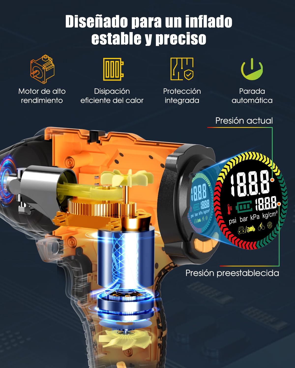AUTDER Inflador de Neumáticos Portátil 180 PSI, Compresor de Aire Inalámbrico con Batería Extraíble de 21V y Cable de Alimentación para Coche 12V, Apagado Automático, Pantalla LCD, Luz LED para Coche