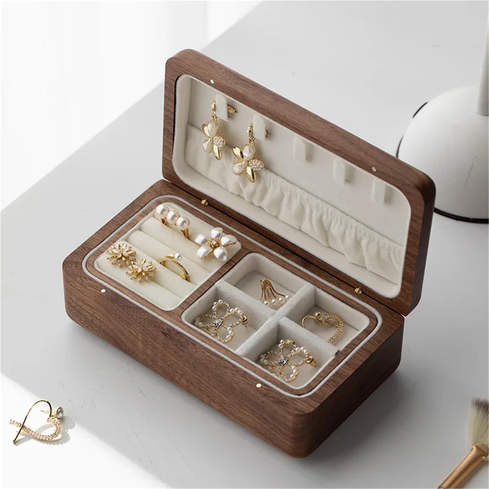 Generisch Contenitore a doppio strato per accessori, custodia in legno, collane, bracciali, orecchini, organizer, regalo di nozze, legno di noce nero (grigio interno)