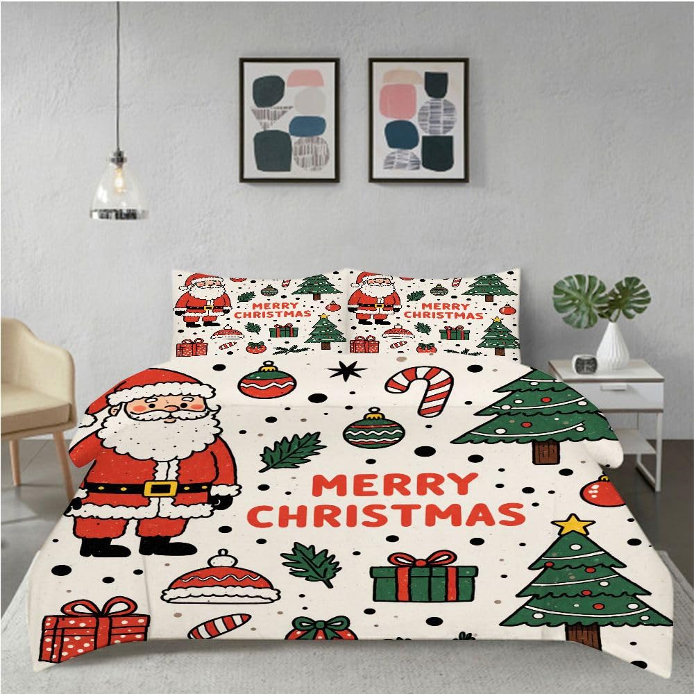 Funda NóRdica 3D 220x240 cm, Tema Navideño, Juego de Cama Extra Grande de 3 Piezas, Microfibra Ultraligera, Respirable, Lavable A MáQuina, Cintas de Fijación en Esquinas_7082