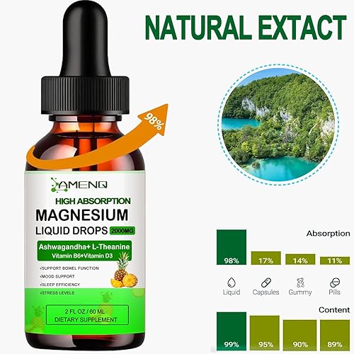 Miniatura 7 de Suplemento de complejo de magnesio líquido, mezcla de magnesio orgánico, gotas de glicinato, taurato, óxido, malato, citrato con zinc, D3,