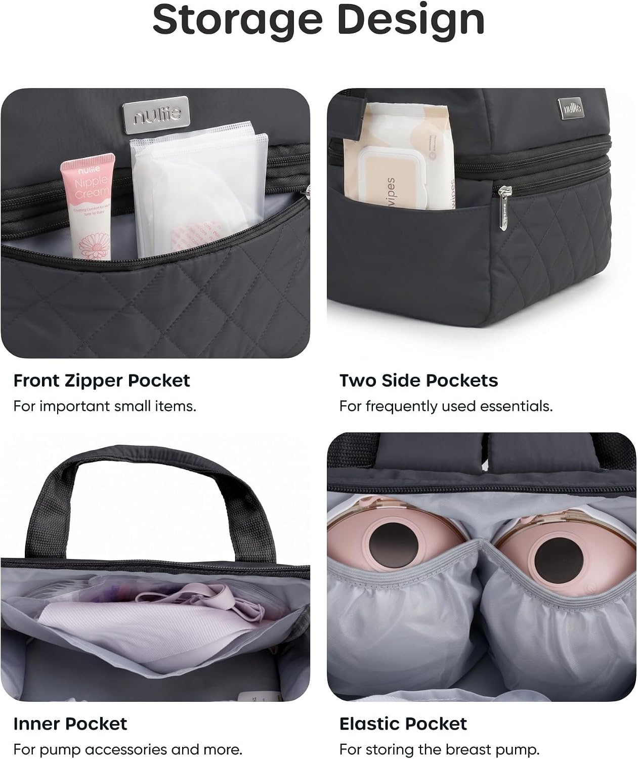 Nuliie Wearable Breast Pump Bag with Cooler Compartment, Double Layer Pumping Bag with Ice Pack, Breast Milk Cooler Travel Bag with Waterproof Mat, Fits 6 Baby Bottles up to 10 oz, Grey