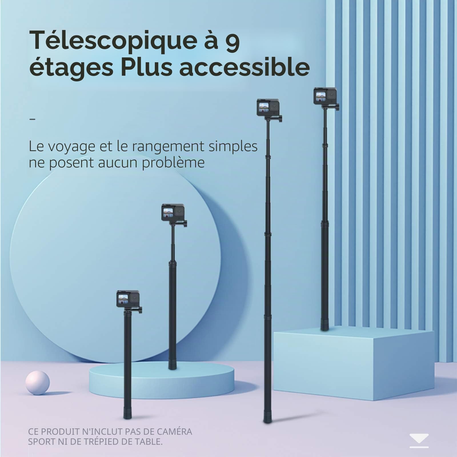 REYGEAK Perche à selfie ultra longue pour GoPro Hero, Insta 360, Osmo Action Camera, extensible à 3 longueurs 55,9 cm, 120 cm, 270 cm en fibre de carbone (perche à selfie améliorée 2,7 M)