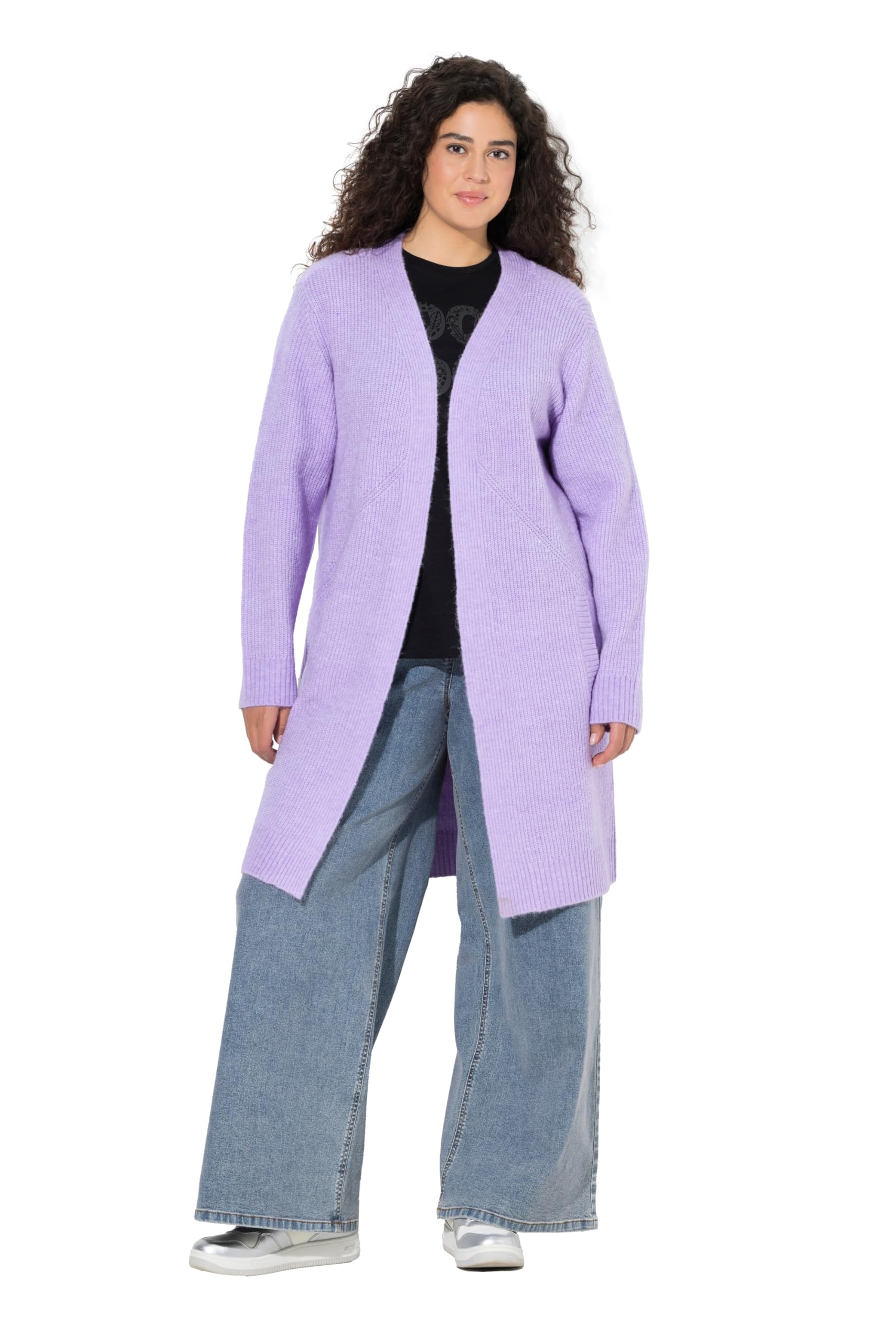 Ulla Popken Damen große Größen Übergrößen Plus Size Long-Strickjacke, Rippstrick, ohne Verschluss, Langarm 844790