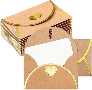 15 Goldprägter Rand Kraftpapier Umschläge mit 15 Blanko Papier Karten, Mini Briefumschläge mit Herz Verschluss für Geschenkkarten DIY Graffiti kraftpapier karten