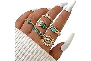 6PCS Vintage Dainty Gold Rings Set with Green Rhinestone