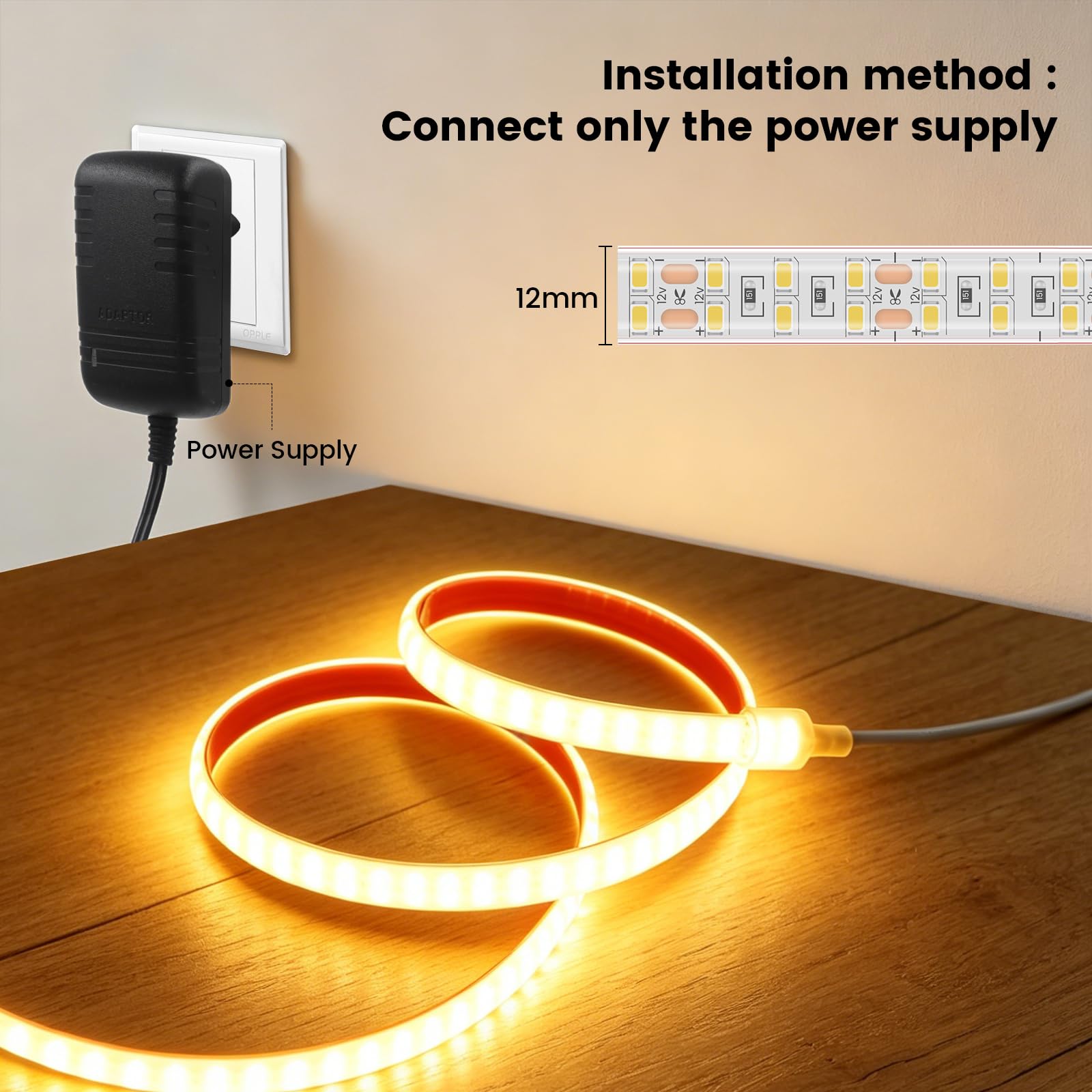 KISUFU 12V LED Streifen Licht, IP68 wasserdicht 2835 SMD 240 LEDs/m CRI90+ Selbstklebend LED Strip mit Stromversorgung für Schlafzimmer, DIY Küche Dekoration.