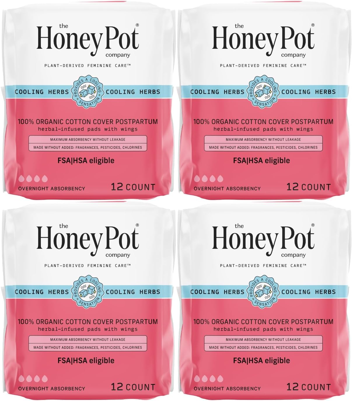 The Honey Pot Company - 48ct - Herbal Postpartum Pads w/Wings - Infused w/Essential Oils for Cooling Effect, Organic Cotton Cover, & Ultra-Absorbent - Feminine Care