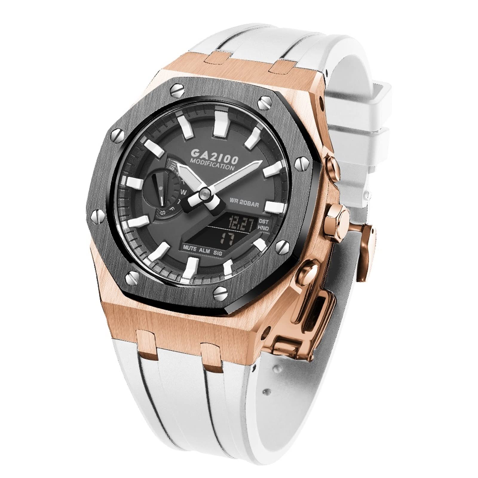 CNHKAU GA-B2100 MOD Kit For G-Shock GA-2110 GA-2100 Metal Watch Case Silicone Strap 316 Stainless Steel Modified Accessories Bracelet Bezel bands (Color : ROSE GOLD 25)