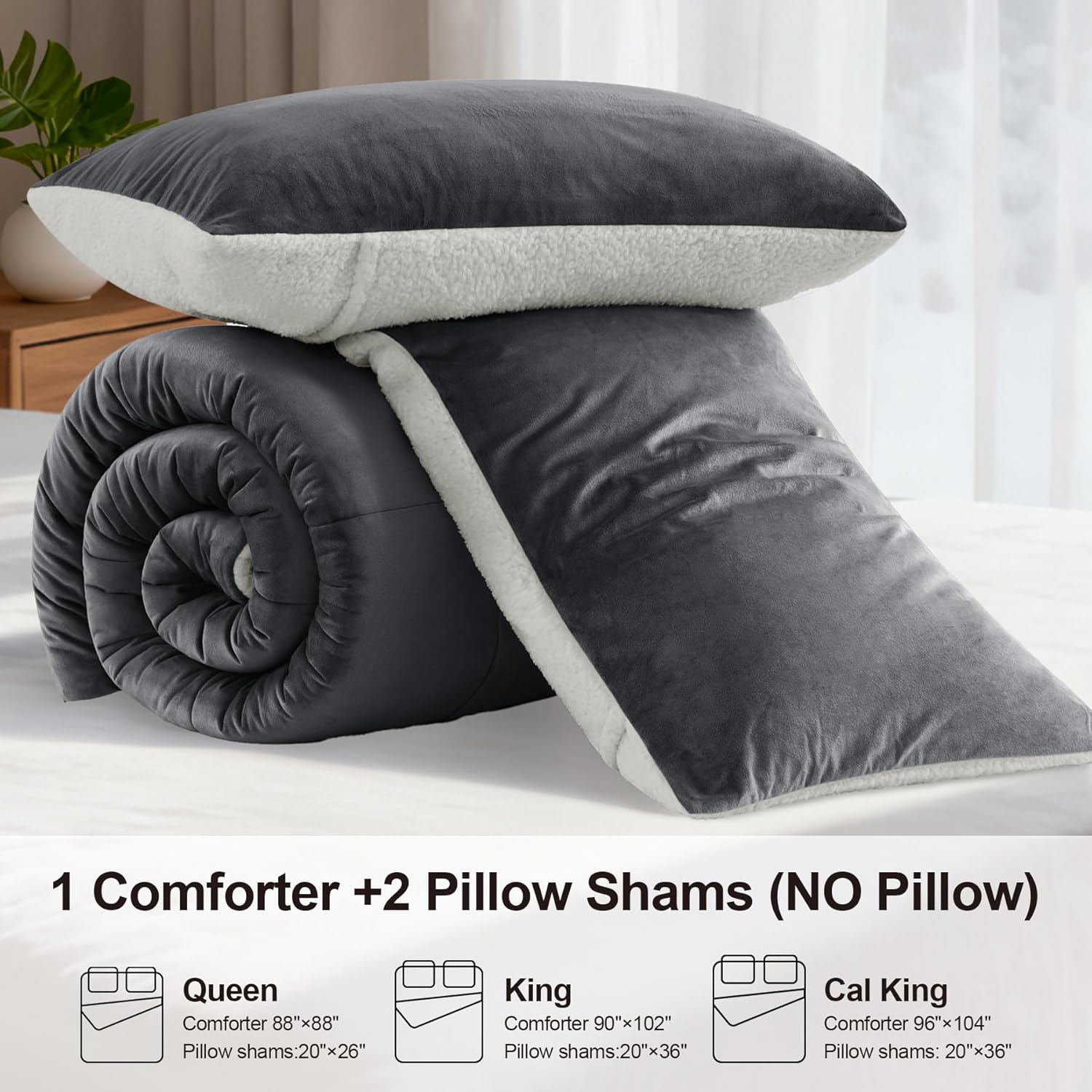 Fluffy Gray Sherpa King Size Comforter Set 3 Pieces,Winter Warm Plush Reversible Down Alternative Comforter & 2 Pillow Shams,Thick Fuzzy Micromink Fleece Bedding Comforter Sets(Charcoal,King) | Soft, Warm Bedding