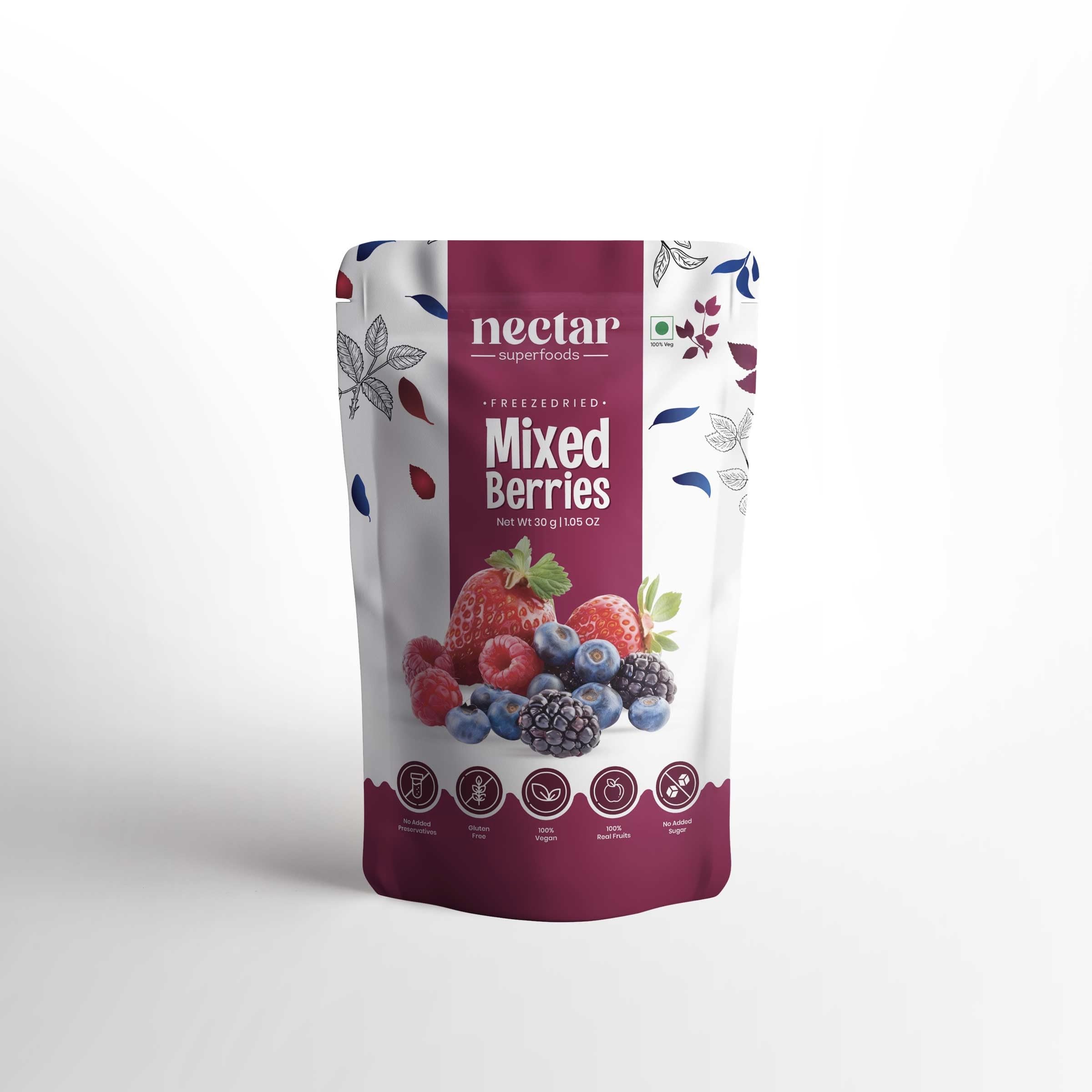 Nectar Superfoods Freeze Dried Mixed Berries | No Preservatives, No Added Sugar, Healthy Dried Fruit | 100% Natural, Vegan, Gluten Free Snack for Kids and Adults | 30 gram Pouch (PACK OF 1)