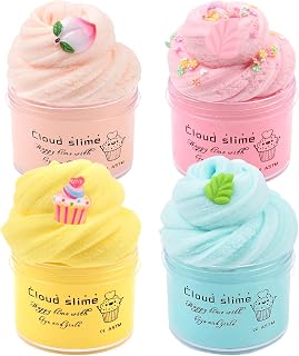 4 Pack Cloud Slime Kit, DIY Stress Relief Toy with Cute Slime Fun Charms, for Kids Party Favors, for Girls Boys Birthday Gift