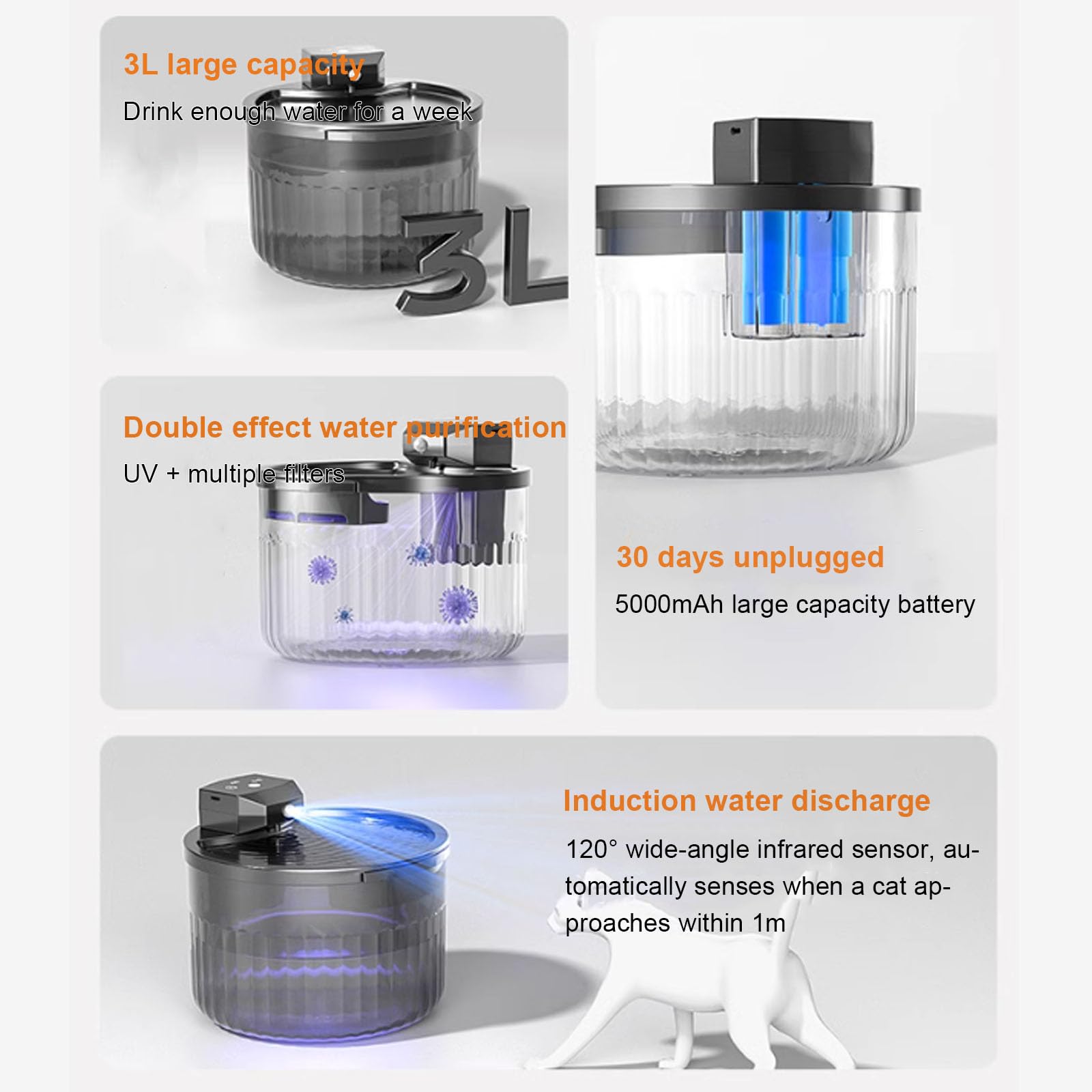 Fuente Automática para Gatos Sin Cable con Sensor Movimiento, 3L Bebedero Gatos Automatico Ultrasilencioso con 12 Filtros, 2 Modos,Blanca