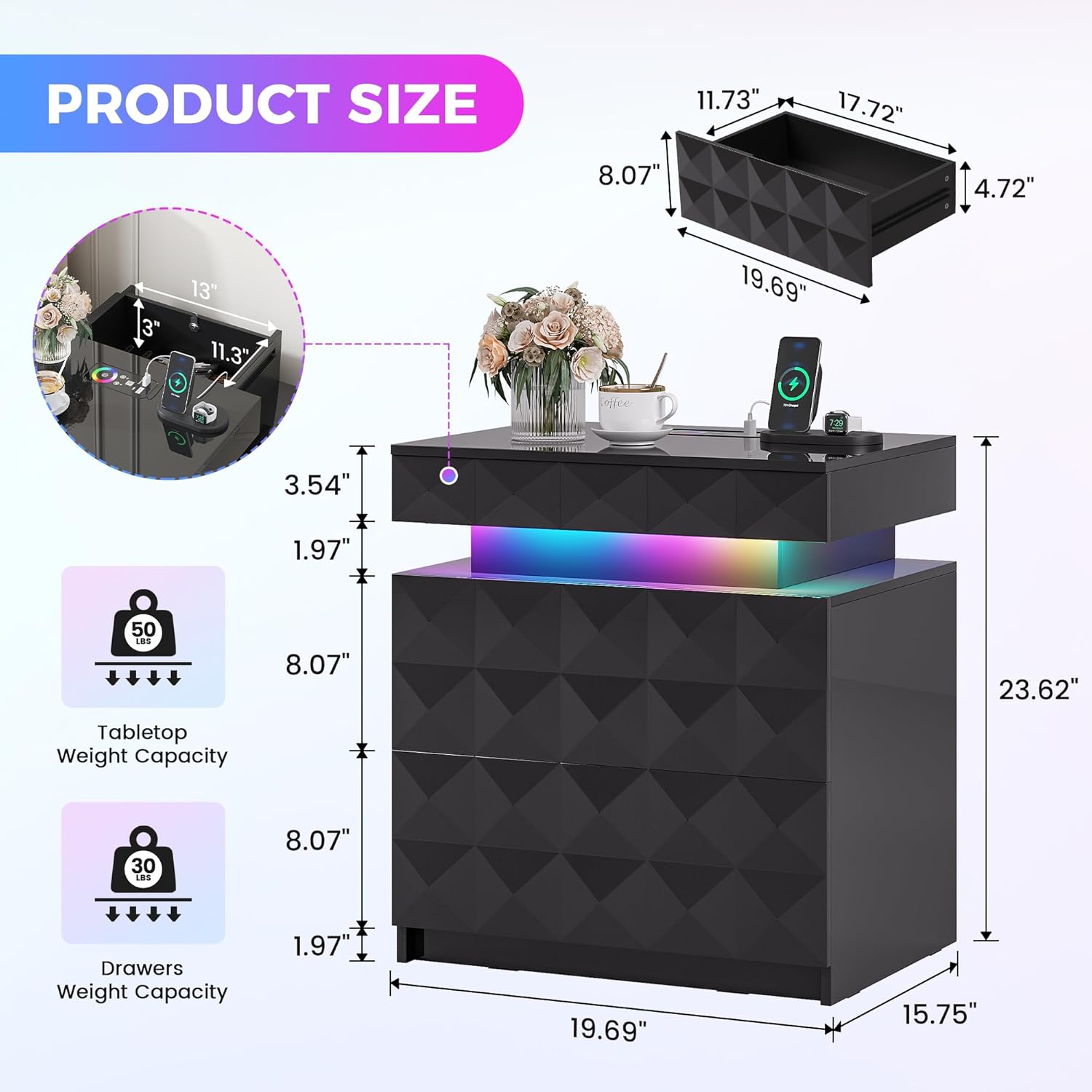 LED Nightstand Set of 2 with Charging Station,3 Drawers Night Stand with Lockable Hidden Storage,Smart Bedside Table with Human Sensor RGB Lights for Bedroom,Black