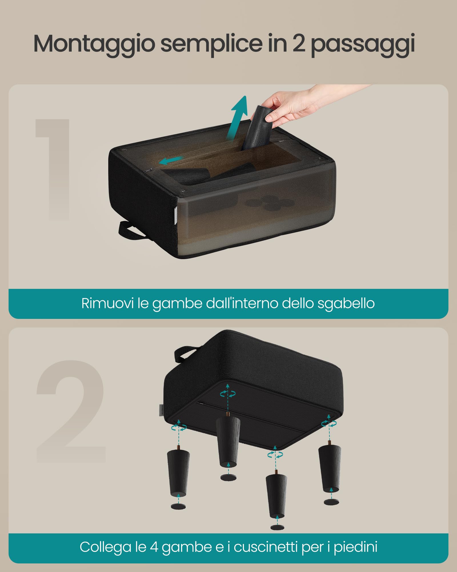 SONGMICS Sgabello Pouf Contenitore, Poggiapiedi in Tessuto Simil Lino, Imbottitura Spessa, Portata Fino a 150 kg, per Soggiorno, Camera da Letto, Ingresso, Nero Inchiostro LOM502B01