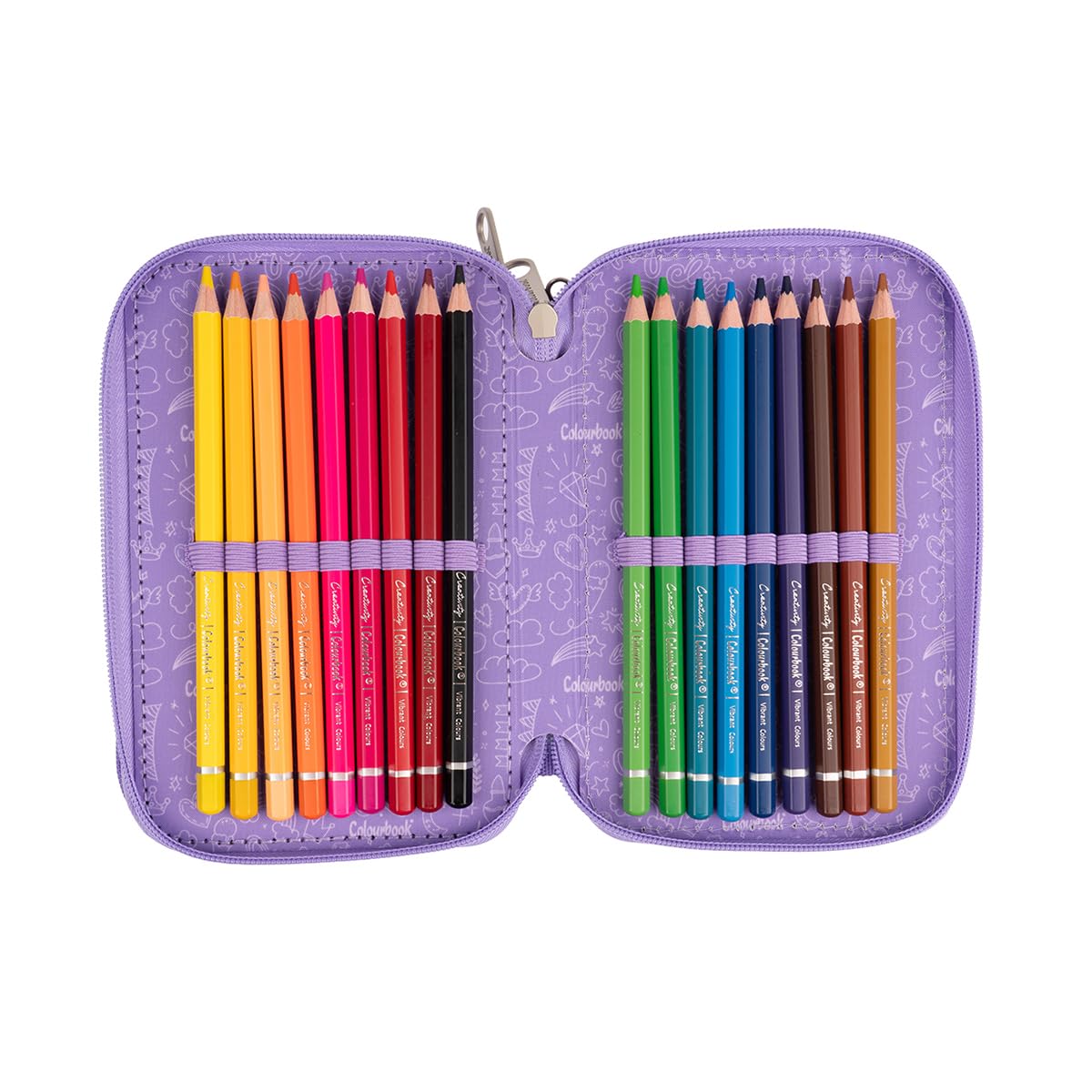 Colourbook Astuccio Scuola 3 Zip Glitterato Completo 44 Pezzi (Lilla)