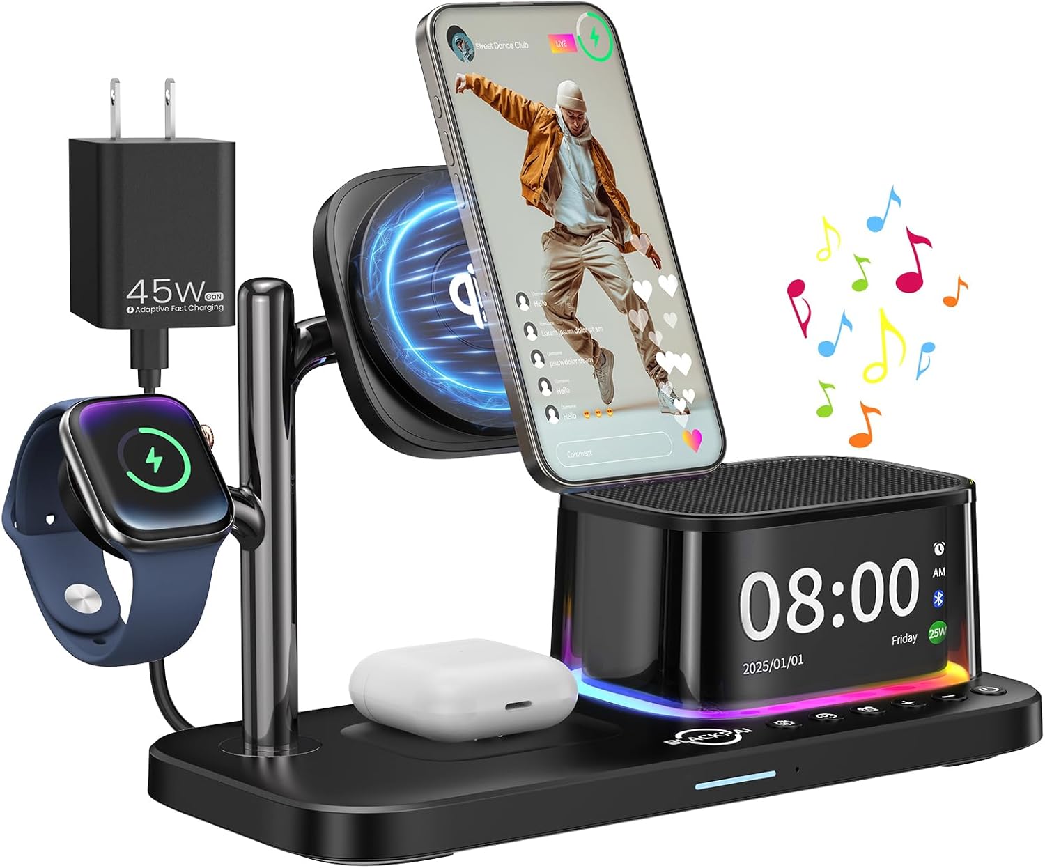 7-in-1 Wireless Charging Station for Multiple Apple Devices Bluetooth Speakers Alarm Clock Night Light, Qi2.2 Mag-Safe Charger Stand for iPhone 17/16/15 Pro Max Apple Watch Airpods with 45W Adapter