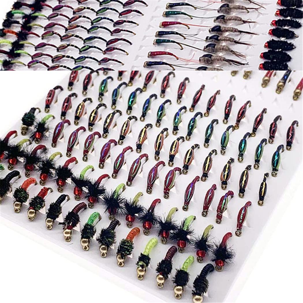 OutdoorFishing Fly Fishing Flies Kit Fly Assortment Trout Bass Fishing with Fly Box, 33/48/72/100/114/148pcs with Dry/Wet Flies, Nymphs, Streamers, Popper (126Pcs/Box)