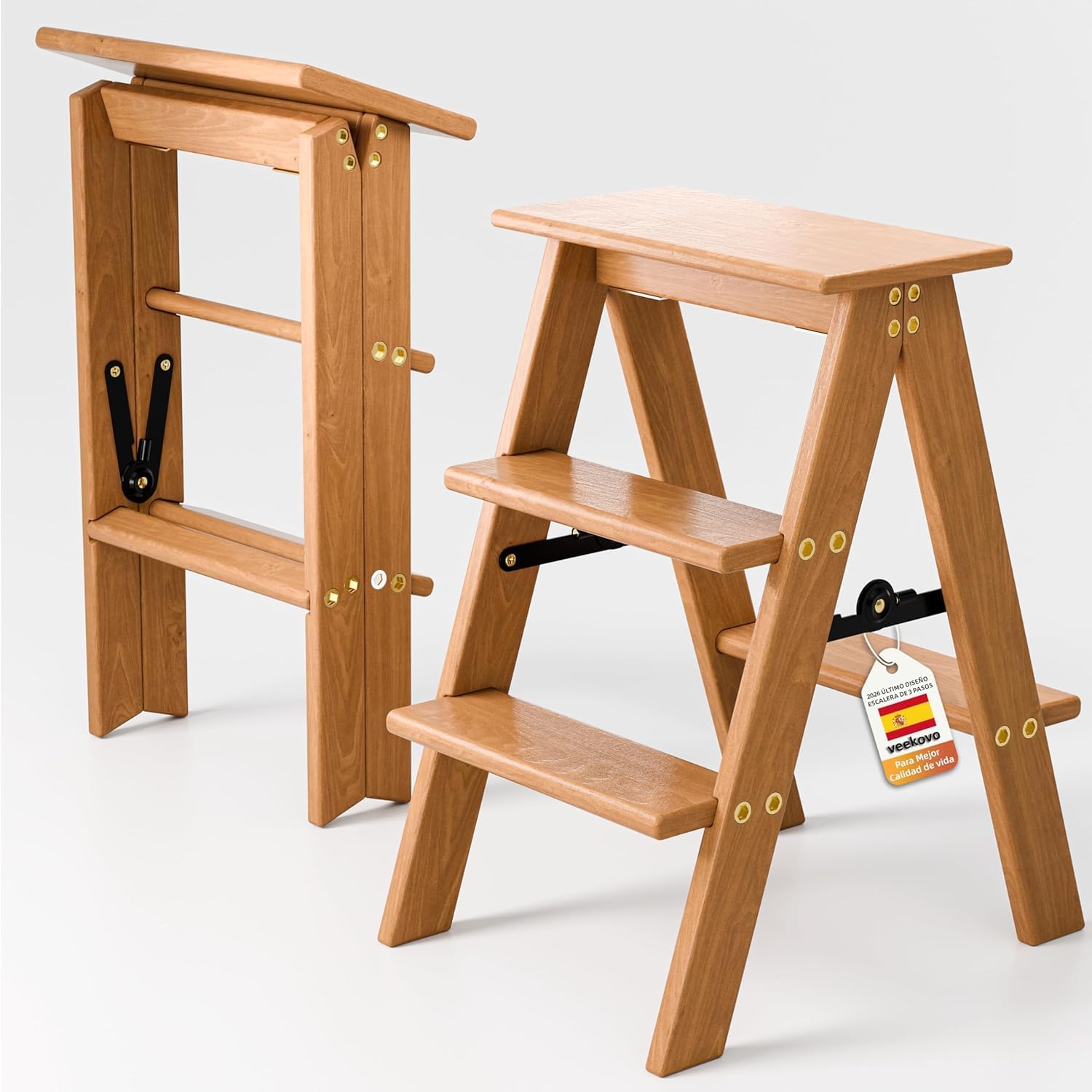 Escalera de 3 peldaños, Taburete Plegable de Madera, Silla Plegable, Antideslizante, portátil y Resistente para el hogar, la Cocina y la Oficina (Madera EW1)