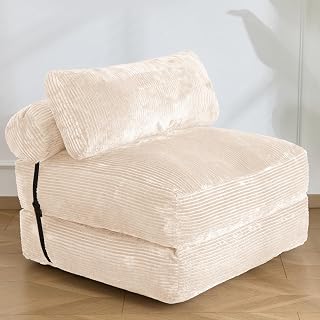 SHOUREN Folding Sofa Bed,Convertible Sleeper Chair Bed with Pillow,Foldable Futon Couch Mattress with Back Support,Portable Lazy Floor Sofa Lounger, Beige, Single