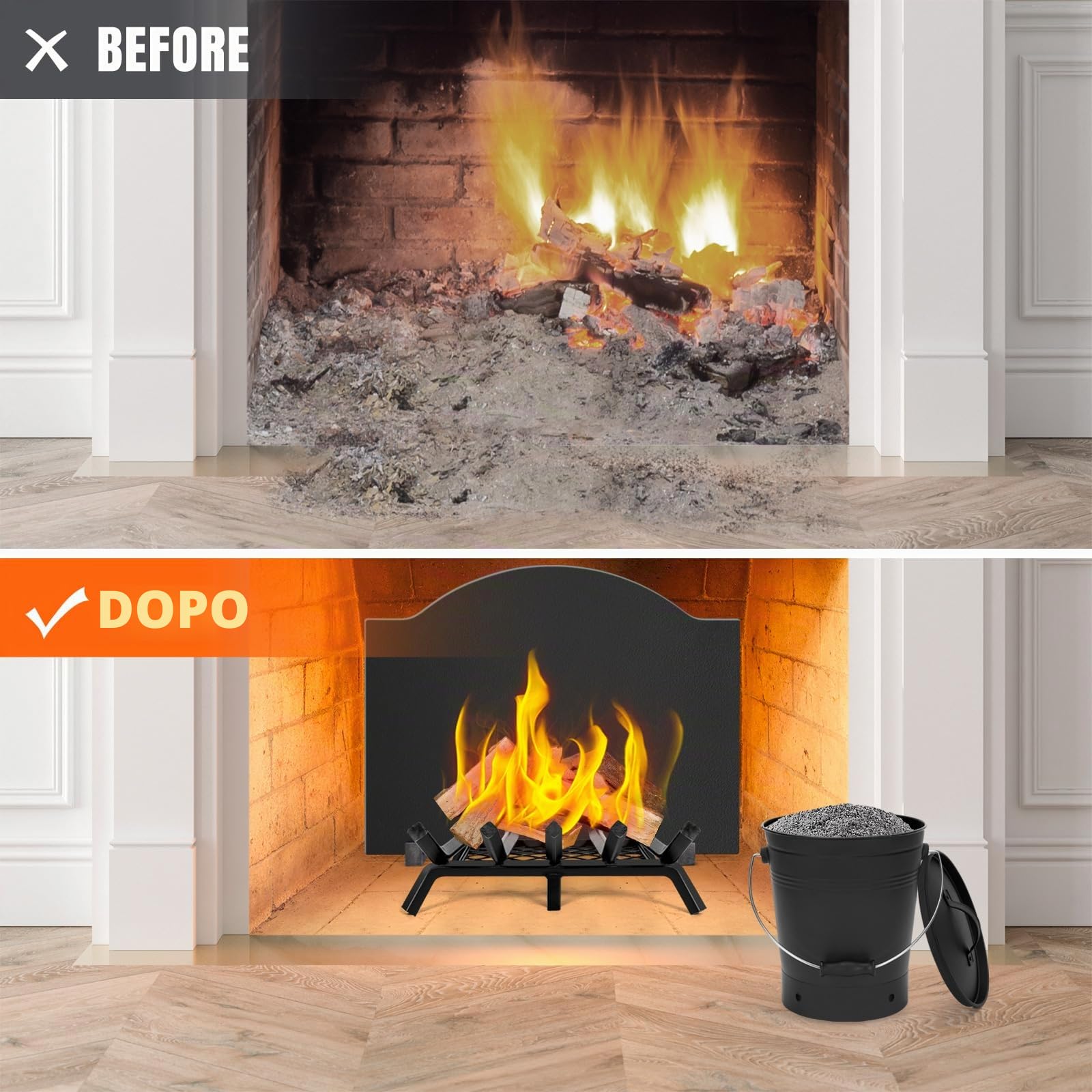 INNO STAGE Secchio per cenere con coperchio e manico in legno Pala per carbone, secchio porta cenere per caminetto, braciere, stufa a legna nera