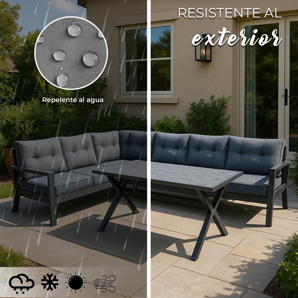 YOEVU - Conjunto de Jardín 7 Plazas | Aluminio Resistente al Óxido | Sofá Esquinero Modular | Cojines Desenfundables | Mesa Amplia y Funcional, Extra Grande (Gris)