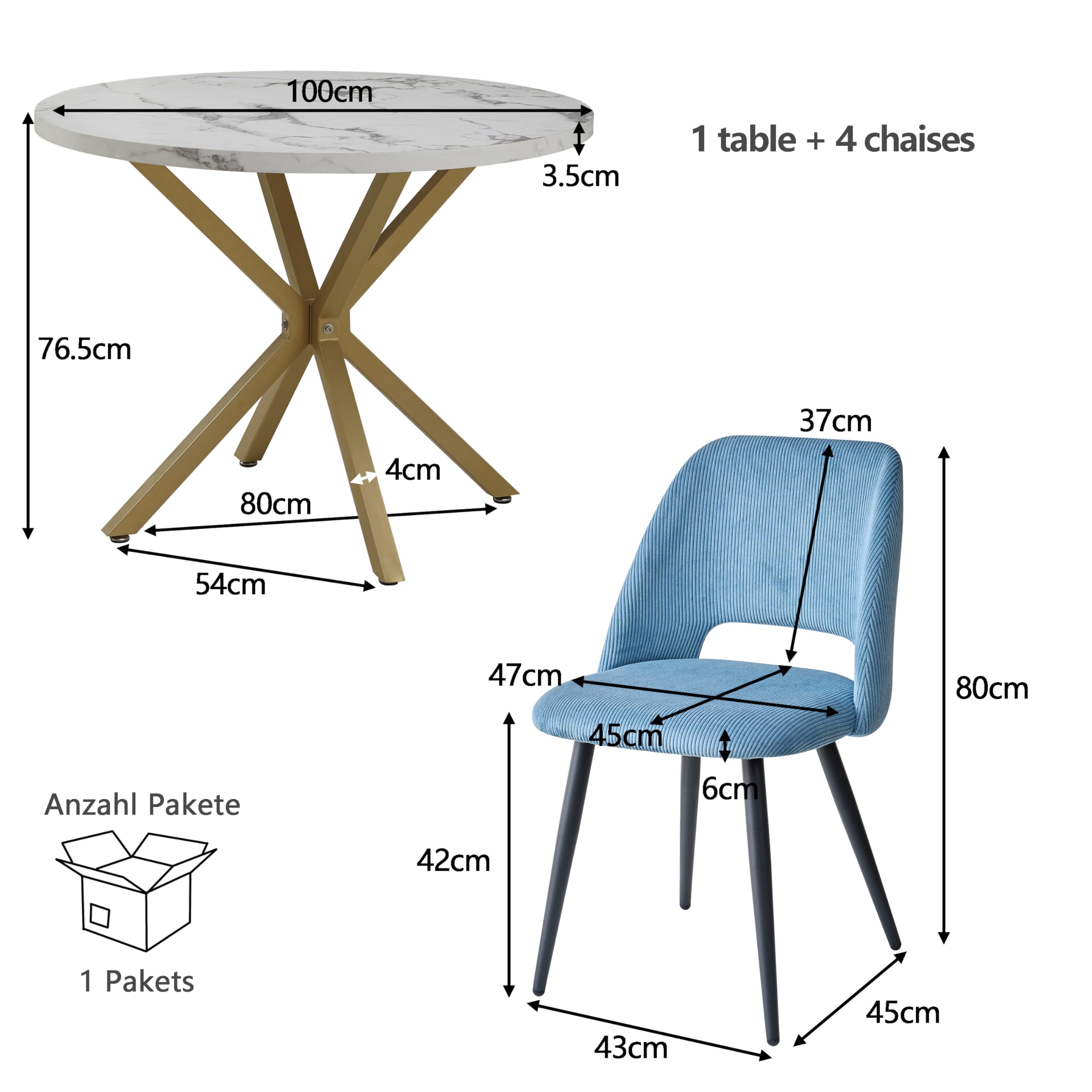 Set Tavolo da Pranzo e Sedie, Tavolo da Pranzo Rotondo in MDF da 100 CM, 4 Sedie da Cucina in Velluto a Coste con Schienale Cavo, per Soggiorno, Cucina (Motivo Marmoreo-GD + Blu)