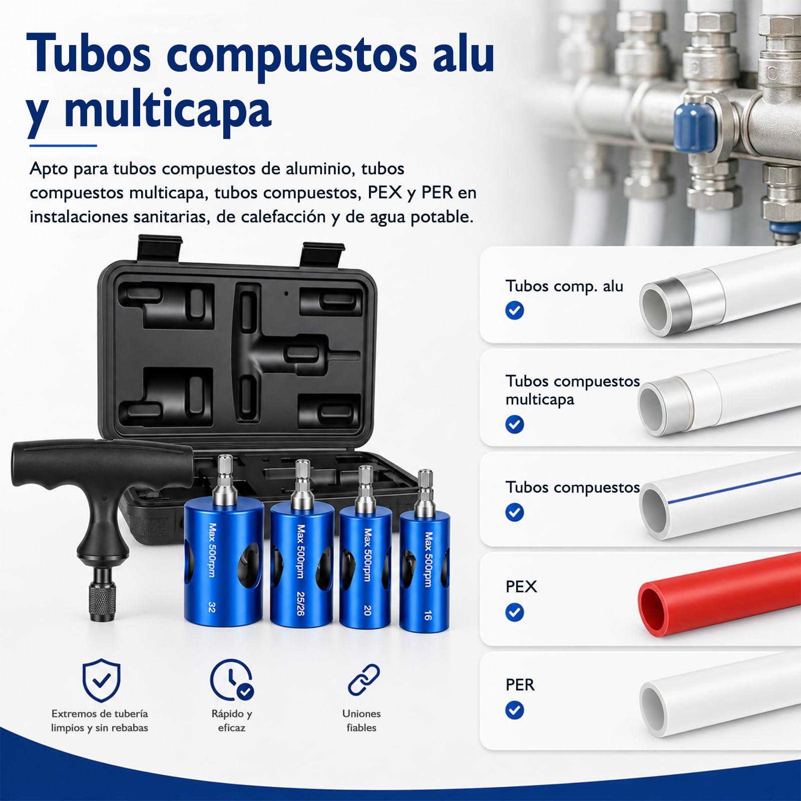 Kit Pro Escariador, Abocardador y Calibrador Multicapa Ø16-20-25/26-32 mm, Desbarbador para Taladro con 4 Cabezales, Mango y Maletín PEX PER