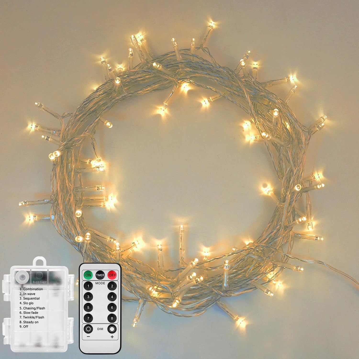 Annefly Guirnalda de luces LED de 10 m, funciona con pilas, impermeable, 8 modos de luces con control remoto para Navidad, interior, exterior, hogar, dormitorio, decoración de jardín (80 LED)