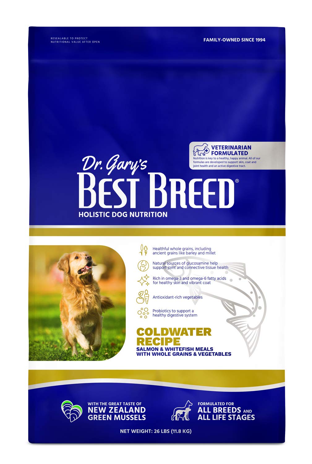 Amazon Com Dr Gary S Best Breed Coldwater Recipe Slow Cooked In Usa Natural Dry Dog Food For All Breeds And Sizes 26lbs Dark Brown Pet Supplies