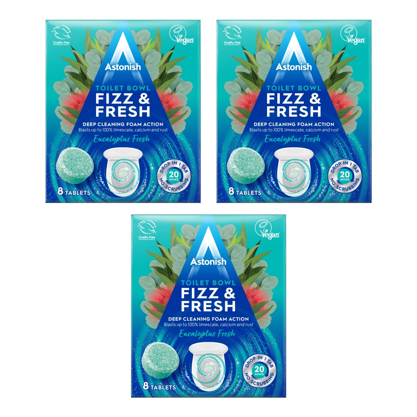 Astonish Fizz & Fresh Toilet Bowl Tablets, Eucalyptus Fresh, Special Aromatic Edition, Deep Cleaning Foam Action Tabs, 3 x 8 Tablets