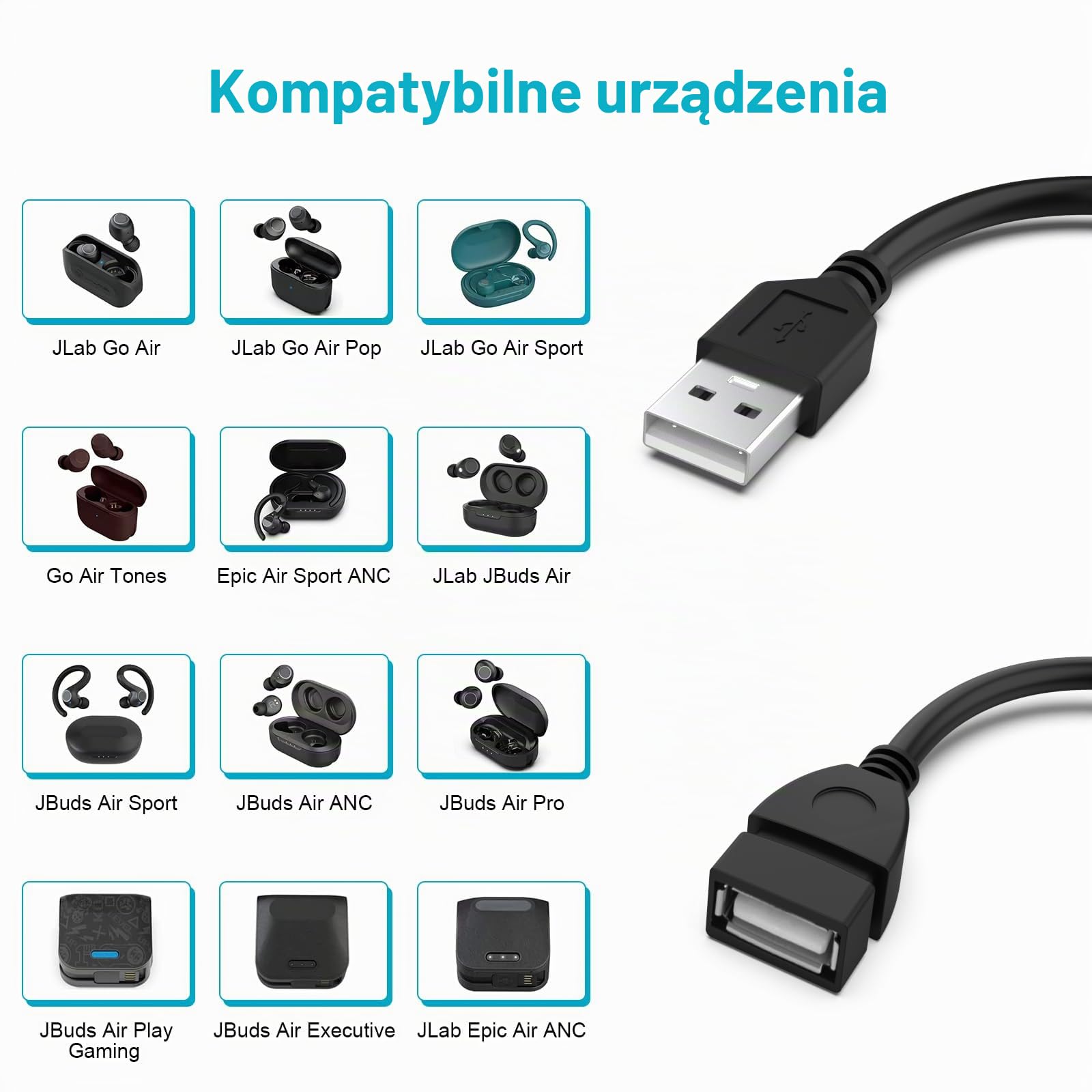 Kabel USB do ładowania JLab Go Ai Pop/Sport, JLab Epic Air ANC/Sport ANC, JLab JBuds Air/Sport/Executive/ANC/Play Gaming/Pro Wireless Bluetooth etui do ładowania