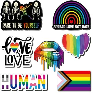 7Pcs LGBTQ Car Accessories Vinyl Reflective Bumper Stickers Pack, Rainbow Decals Gifts for Lesbian Gay Bisexual Transgender, Love is Love, lip, Heart, HUMAN, Progress Pride Flag Automotive Decor Stuff