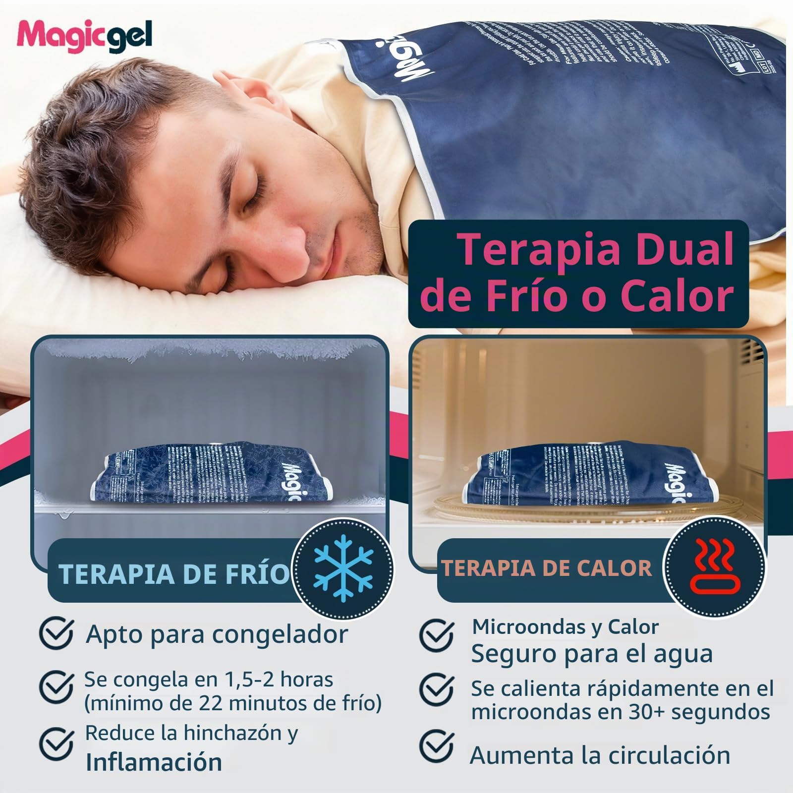 Magic Gel Bolsa Hielo Lesiones Extra Grande - Bolsa Gel Frio para Lesiones XL - Compresa para Congelador o Microondas - Alivia Dolores de Espalda Fisioterapia Recuperación Rápida y Más - Gris