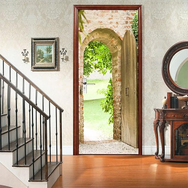 A.Monamour 3D Door Stickers for Interior Doors Old Stone Brick Arch with Open Door Vinyl Waterproof Self Adhesive Door Mural Decals for Bedroom Office Bathroom 77 x 200 cm