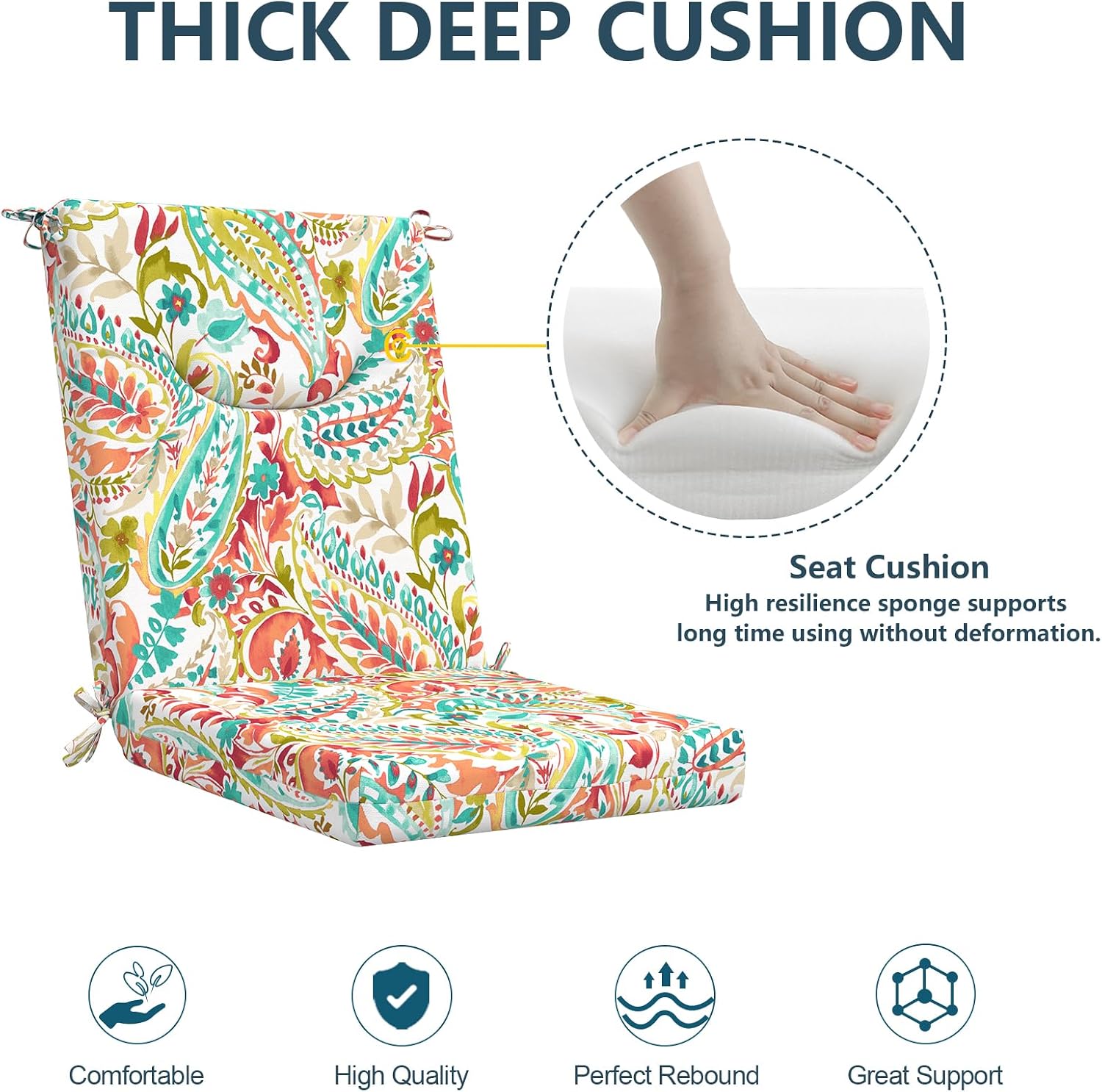 DYTXIII Outdoor High Back Chair Cushions Set of 2, 44x20 in Water Repellent Patio Seat Cushions with Elastic Sponge, All Weather Cushions for Rocking, Dining Chairs, Patio Furniture - Pretty Paisley