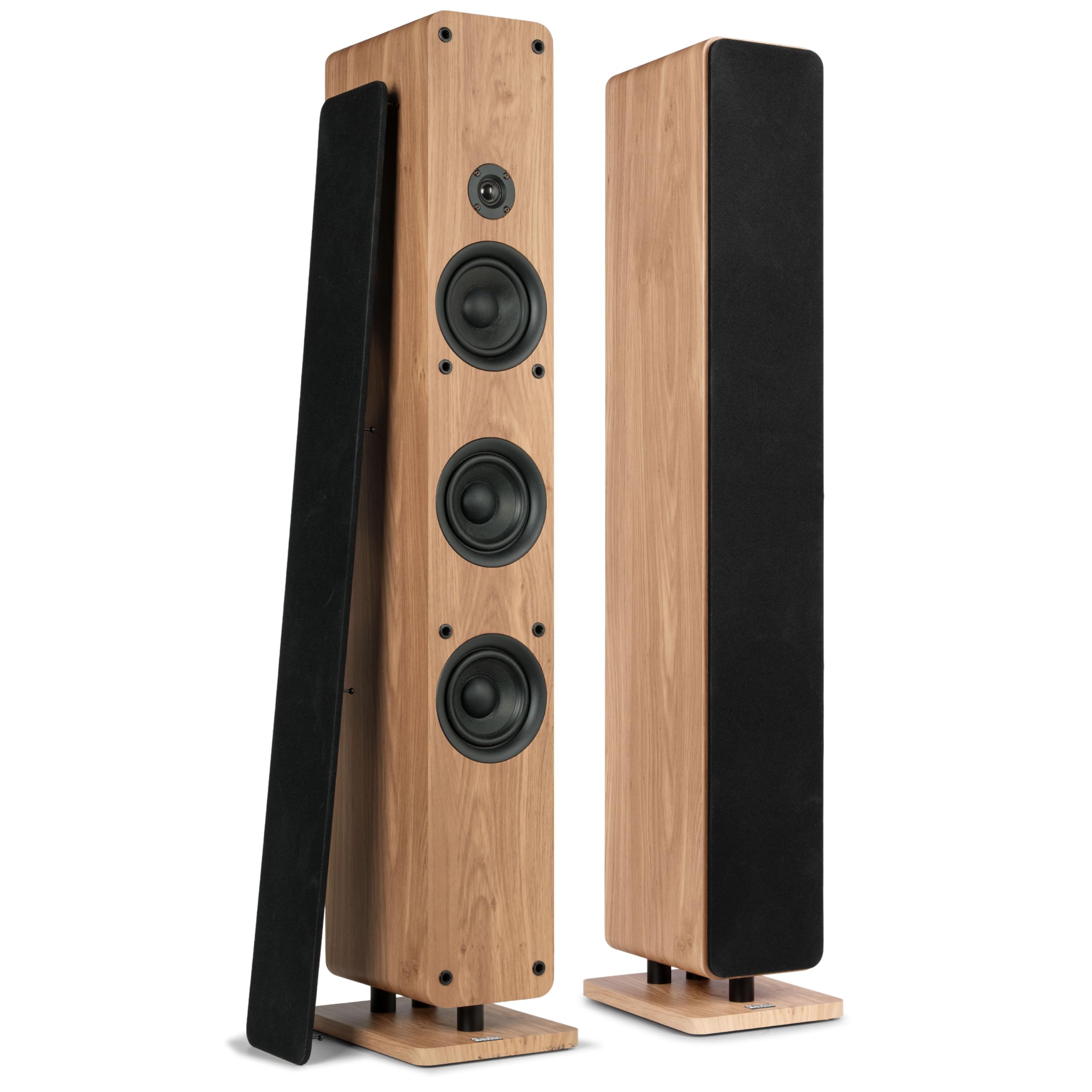 Audizio Arco – Pack de 2 Unidades – Altavoz de Torre pasivo HiFi de 160W, 3 woofers de 4" + Tweeter 1", Frontal extraíble, Ideal Alta fidelidad, Home Cinema y Tocadiscos, con Acabado en Madera Clara