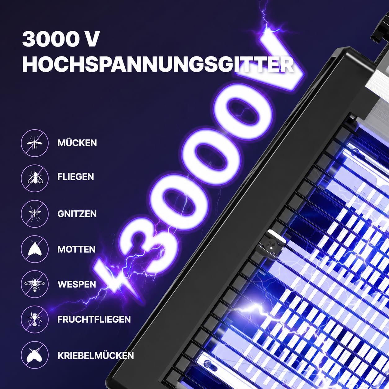 OGERY Solar-Insektenvernichter für Außen, 3000 V Mückenfalle, 3 UV-Röhren, 6000 mAh Akku, per USB wiederaufladbar, IPX4, Dämmerungssensor, 4 m Kabel und Erdspieß für Garten, Terrasse, Camping