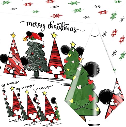 Decoración de fiesta de Navidad de ratón, 3 manteles de dibujos animados, funda rectangular de plástico con copos de nieve para fiesta de Navidad