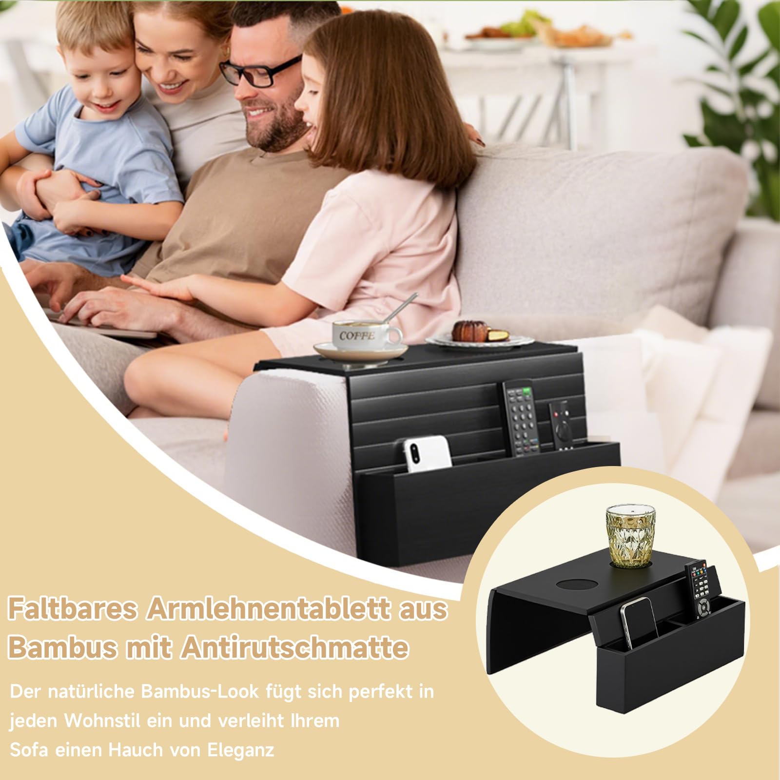 Peiaw Bambus-Sofa-Armlehne mit Getrnkehalter und Ablagefach,Faltbares  Bambus-Sofatablett,Sofa-Aufbewahrung,Passend fr Alle Arten von Sofas,  Zuhause und Bro (Schwarz) : Amazon.de: Kche, Haushalt & Wohnen