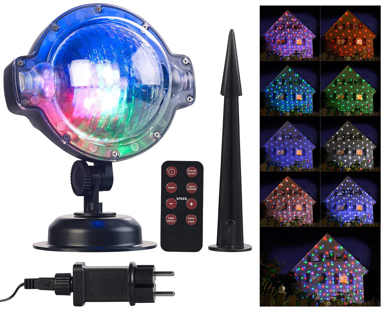 Lunartec Projektionslampe: LED-Kugellampe mit Schneefall-Effekt und Timer, weiß + RGB, IP44 (Projektionslampe Weihnachten, Weihnachtsstrahler, Laserprojektor Outdoor)