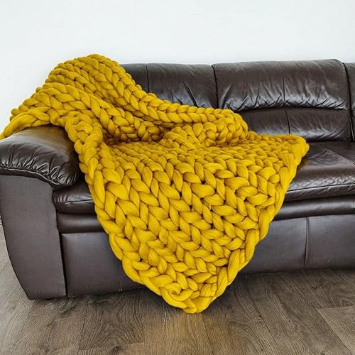 Manta de punto grueso con brazo grueso, color amarillo mostaza, 100 % lana orgánica para sofá o cama, decoración moderna y bohemia para el hogar