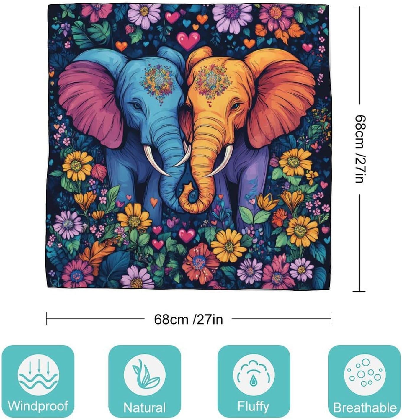 Elephant Couple in Love Flower Bandana Fashion Head Scarf Square Silk Scarf Print Neck Hair Scarfs for Women Men Gifts