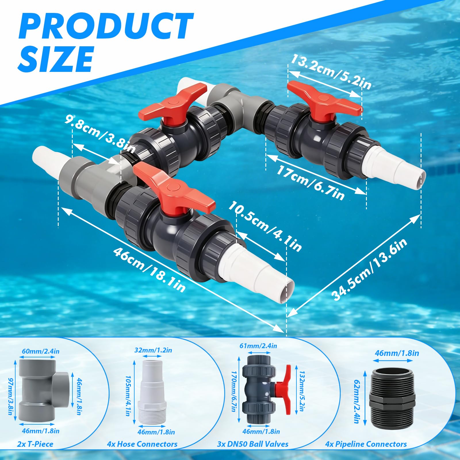 Bypass Pool Set 50mm für Wärmepumpe, Pool Bypass Set mit 32mm & 38mm Schläuchen, 3 Kugelhähne, T-Stücke & Edelstahlklemmen – Optimiert Wasserfluss für Solarheizung
