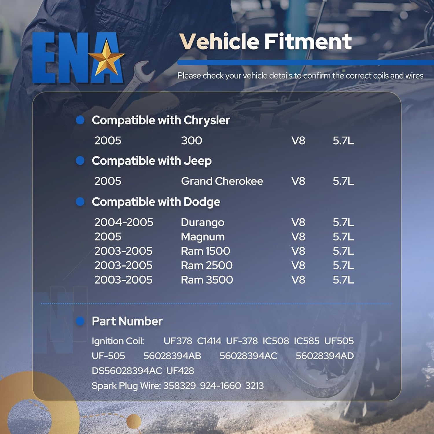 ENA Set of 8 Ignition Coil Pack with Wire Set Compatible with Dodge Chrysler Jeep Ram 1500 2500 3500 300 Durango Magnum Cherokee V8 5.7L 2003 2004 2005 Replacement for UF378 GN10372 C648 C1414 3213