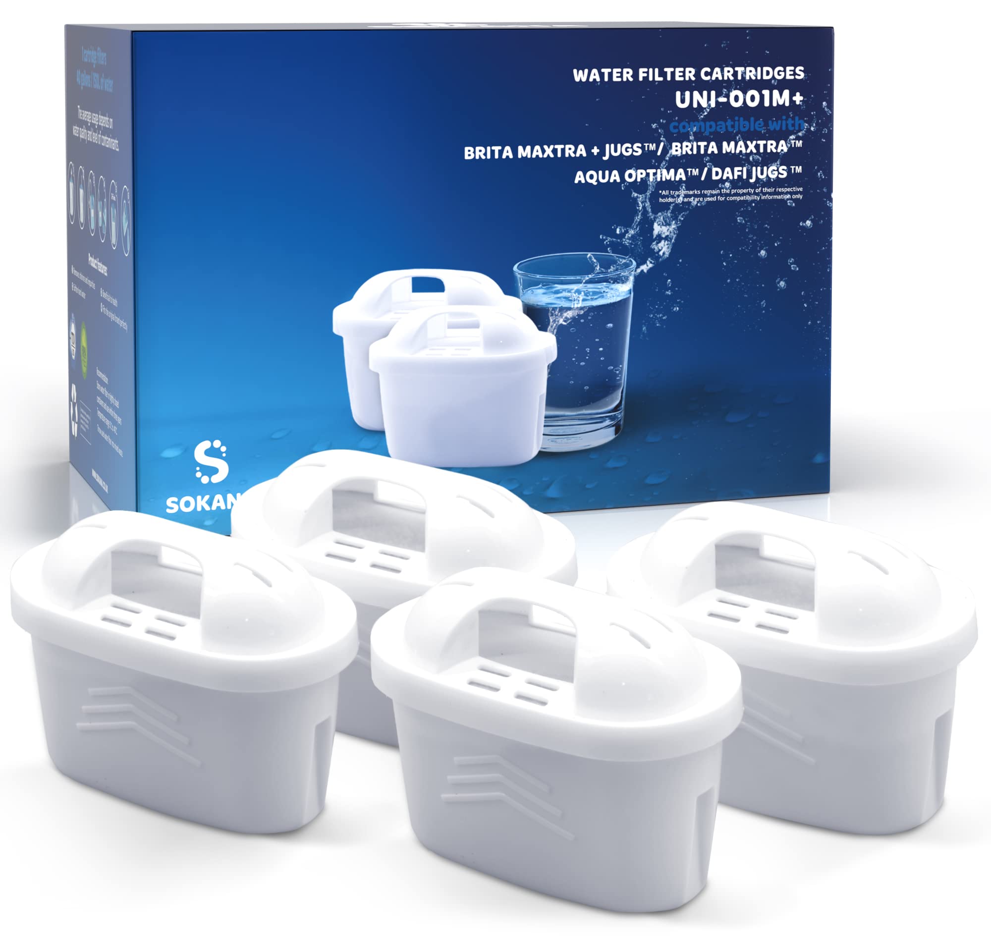 SOKANABrita Maxtra Filter Cartridge Replacement for Brita Maxtra Plus Maxtra+ Marella Elemaris XL Aquaphor Tassimo Dafi Water Filter TÜV SÜD Certified, 4 Pack