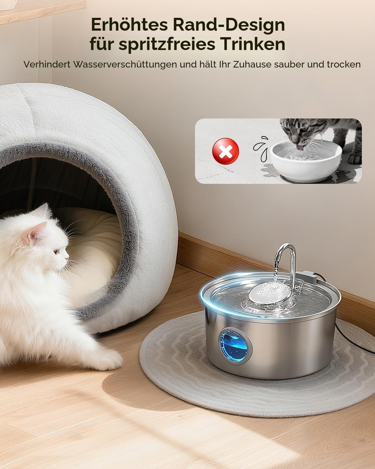 Invengo Katzenbrunnen Edelstahl, 3.2L Ultra-Leiser Trinkbrunnen für Katze mit Wasserstandsanzeige und 5-Fach Filtersystem - Haustierbrunnen für Katzen und Kleine Hunde, Inklusive 4 Ersatzfiltern