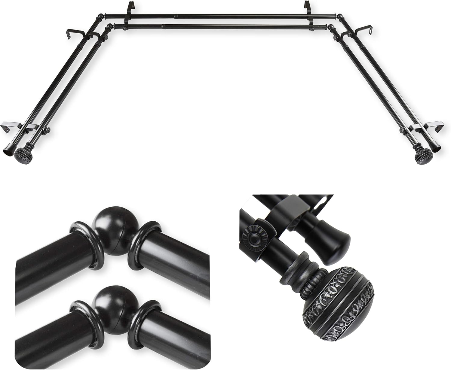 A&F Rod Decor - Bead 13/16" Double Bay Window Curtain Rod - Black