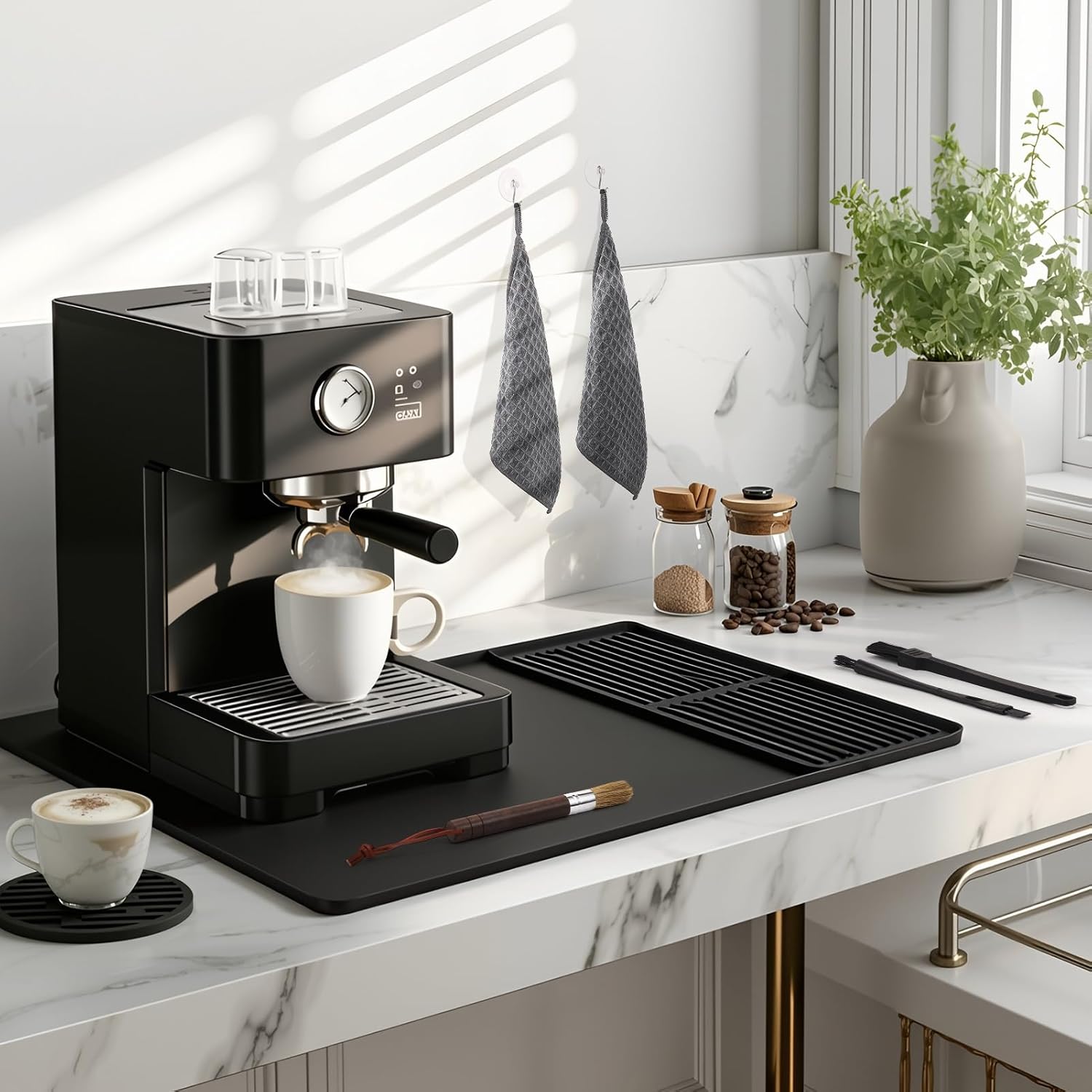 Silicone Coffee Mat Set for Counter, 24 x 16 Inch Coffee Mat with Drying Mat, Coasters and Cleaning Tools
