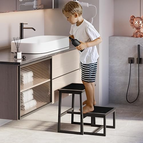 Miniatura 14 de Taburete de escalón para adultos, soporta hasta 500 libras, 3 en 1, resistente taburete de dos pasos para Kichen/baño/camas altas, marco de madera y