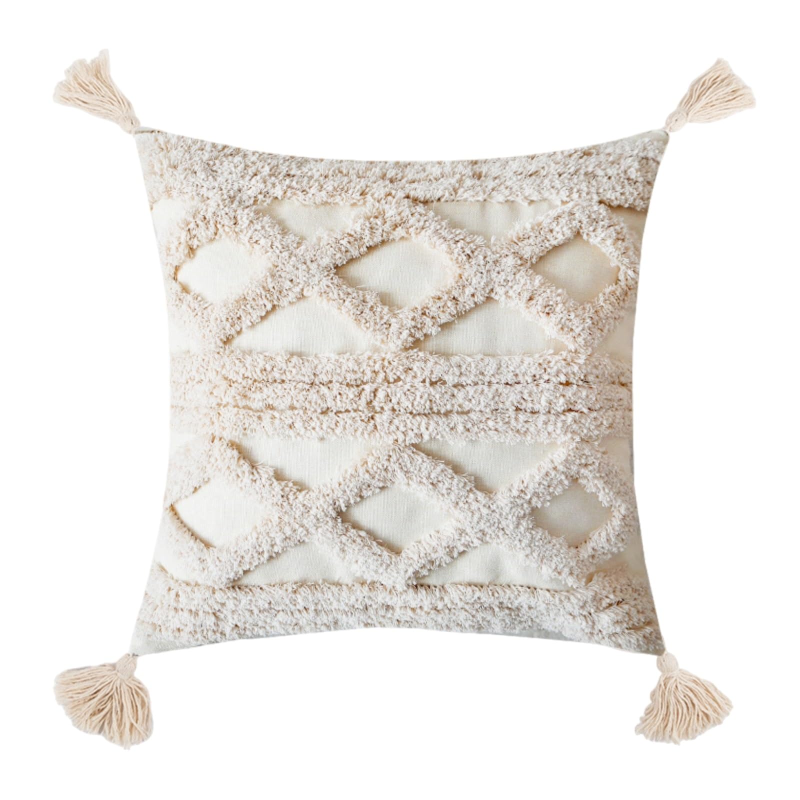 Housse coussin bohème capitonnée 30x50 cm beige en lin neutre à pompons style campagnard